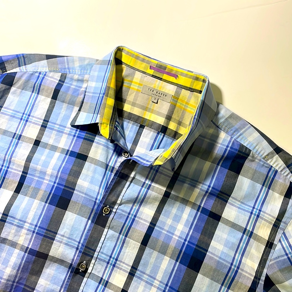 Ted Baker mens 7 3XL XL blue plaid short sleeve button up casual shirt EUC